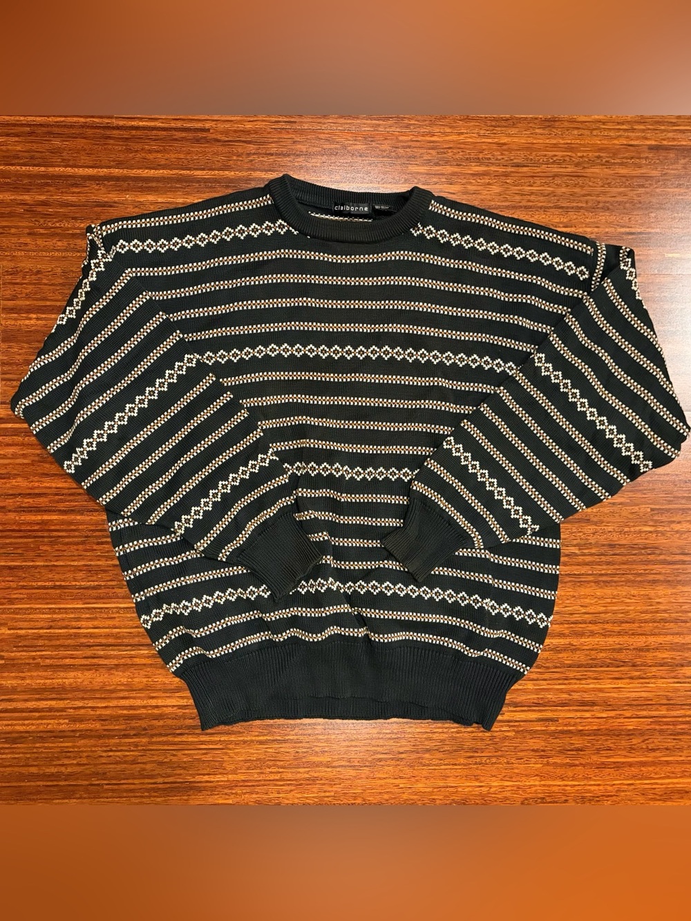 Vintage 90s Claiborne Striped Knit Cotton Sweater Made in USA Mens Large